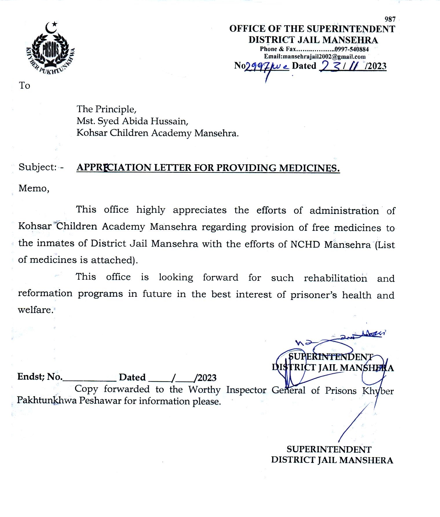 Appriciation Letter for Providing Medicines